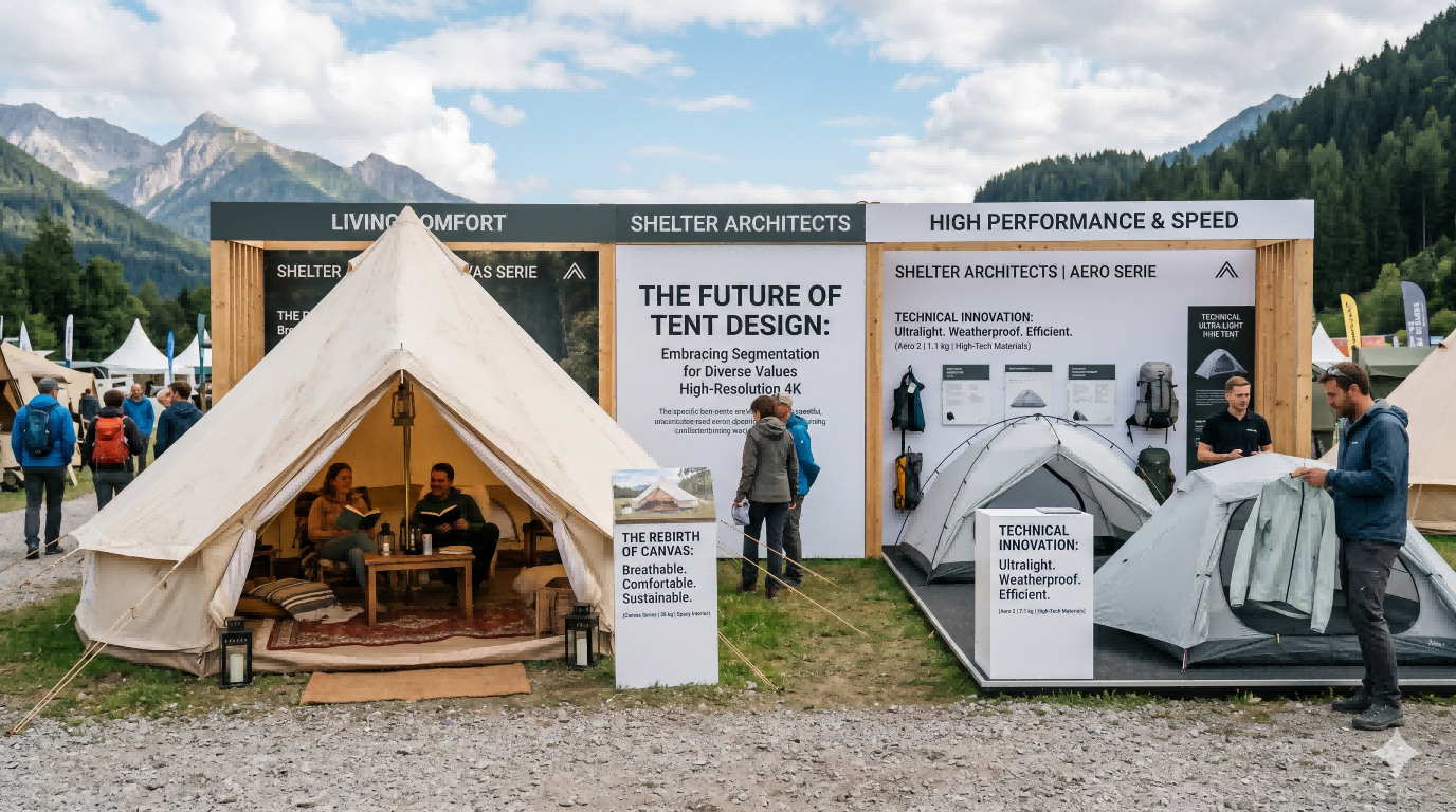 Canvas tent and ultralight shelter displayed side by side, illustrating how the tent market is segmenting between comfort and high-performance speed